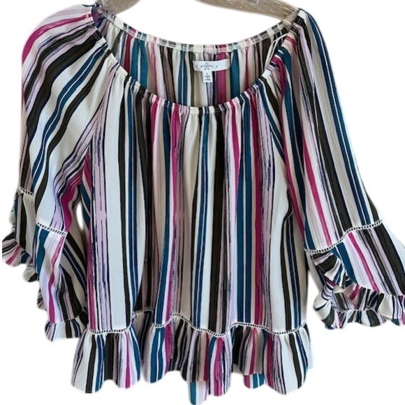 Fever Women's Off The Shoulder Multicolor Striped Tunic Blouse Flutter Sleeve LG - Picture 2 of 8